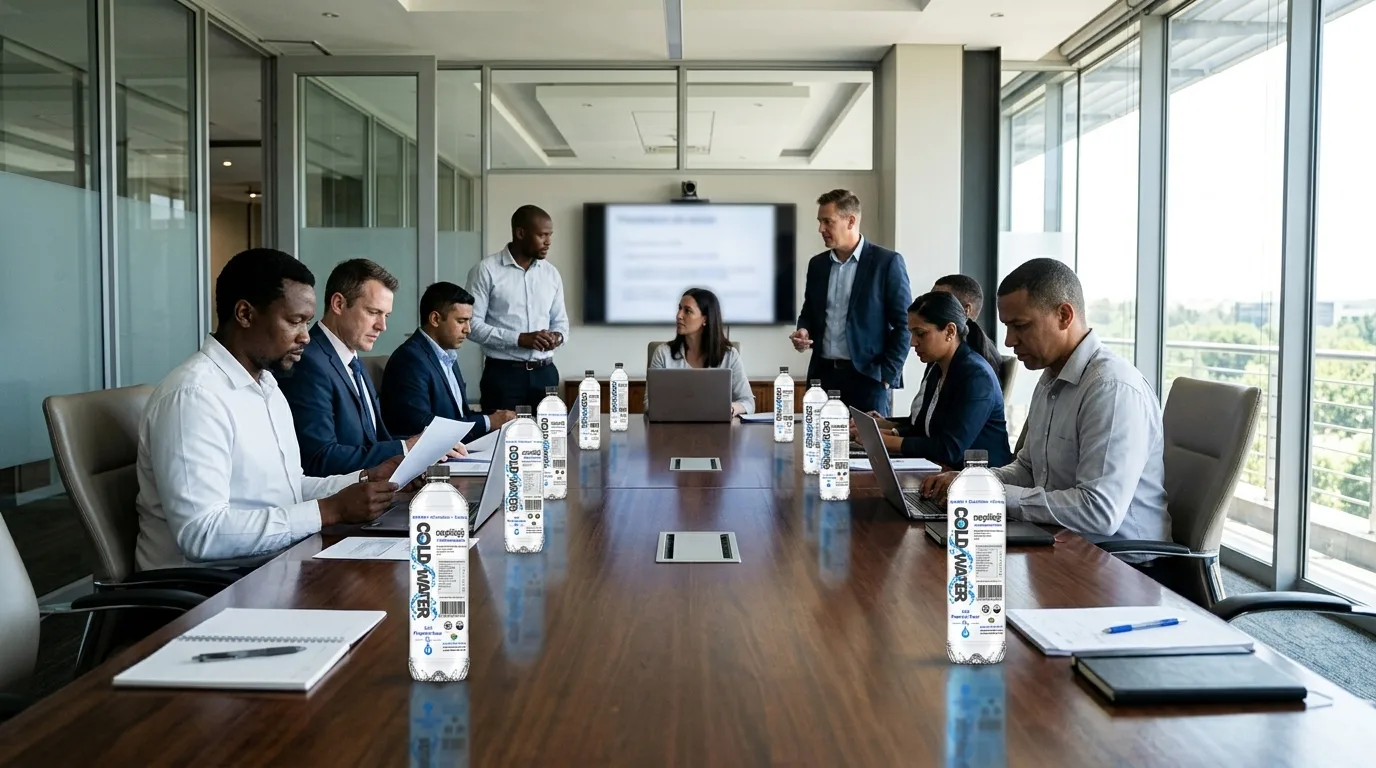 Professionals around a boardroom table with ColdWater SA bottles