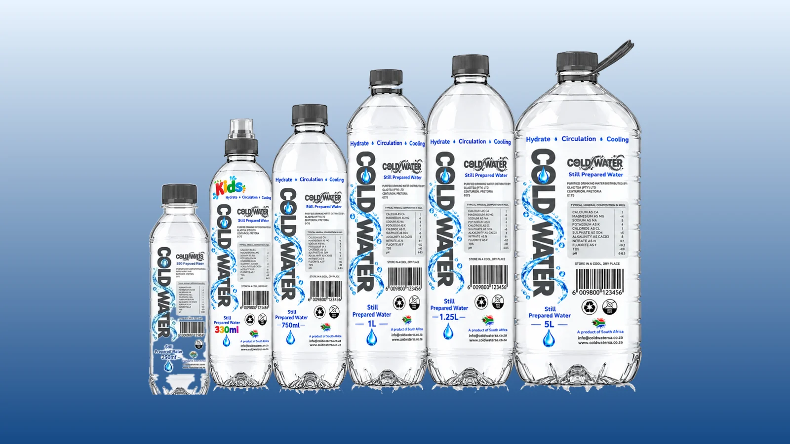 The six ColdWater SA bottle sizes, from 250 ml to 5 litres